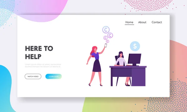 Swift Website Landing Page. Businesswoman Sitting at Desk with Pc, Woman Using Smartphone for International Worldwide Financial Payment, Telecom Web Page Banner. Cartoon Flat Vector Illustration — ストックベクタ