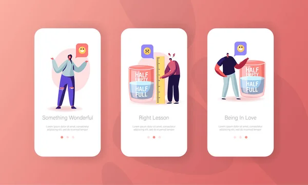 Optimist and Pessimist Mobile App Page Onboard Screen Set (en inglés). Personajes se paran en un enorme vaso de agua discutiendo si está medio lleno o vacío concepto para el sitio web o la página web, ilustración de vectores planos de dibujos animados — Archivo Imágenes Vectoriales
