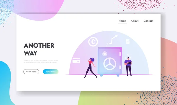 Сайт Business People and Finctech Landing Page. Бизнесмены используют финансовые технологии. Сотрудник банка с планшетным киоском в сейфе. Money Savings Web Page Banner. Мультипликационный вектор — стоковый вектор