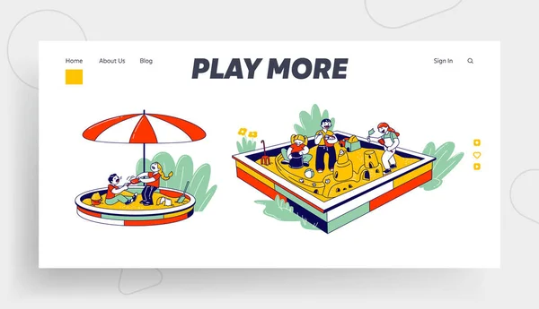 Chłopcy i dziewczęta Grając w piaskownicy w parku rozrywki Strona internetowa Landing Page. Zabawne znaki Baby Building Sand Castle, Share Toys Web Page Banner. Ilustracja wektora płaskiego kreskówki, Sztuka linii — Wektor stockowy