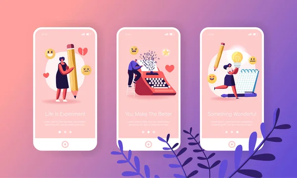 Persone che godono di scrittura Mobile App Page Schermo di bordo Set. Personaggi Libri da Dattilografia, Idee di Note su Carta, Poesie Letterarie, Concetto di Poesia per Sito Web o Pagina Web, Illustrazione Vettoriale Piatta Del Cartone Animato — Vettoriale Stock