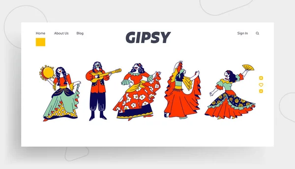 Gypsy Ensemble Dancing and Playing on Musical Instruments (engelsk). Romany Man with Guitar and Gipsy Women Dance and Singing Web Page Banner (engelsk). Tegning av kartoonflate vektorer, linjekunst – stockvektor