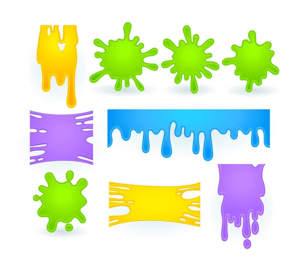 Splash set, Liquid Goo van gele, paarse, groene en blauwe vlekken. Druppelende Halloween textuur voor banner decoratie, Heldere objecten geïsoleerd op witte achtergrond, Cartoon Vector Illustratie — Stockvector