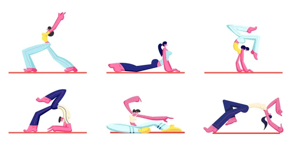 Mensen aan het trainen. Jonge atletische mannen en vrouwen dragen sportkleding doen gymnastiek, fitness en yoga oefeningen op matten. Gezonde Lifestyle Activiteit, Sport Cartoon Flat Vector Illustratie — Stockvector