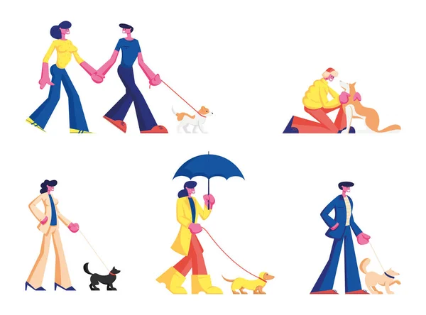 Set People Spending Time with Pets Outdoors. Male and Female Characters Walking and Playing with Dogs, Relaxing Open Air, Leisure, Communication Love, Care of Animals. Cartoon Flat Vector Illustration — 스톡 벡터