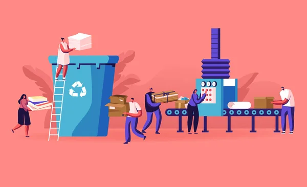 Group of People City Dwellers Throw Garbage to Recycle Litter Bin for Paper Waste. Environmental Protection Concept. Sort Recycle and Segregation of Cardboard Trash, Cartoon Flat Vector Illustration — Stock vektor