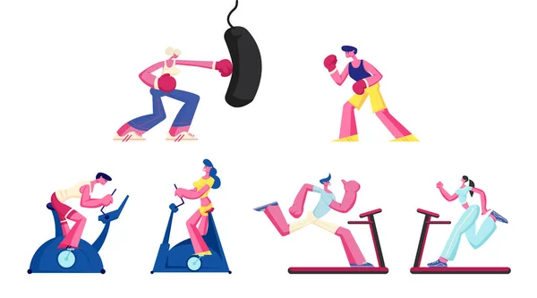 Set of Women and Men Training in Gym on Exercise Bike and Punching Bag. Sports Lifestyle Workout, Cardio Exercising in Fitness Club, Boxing Fight, Biking Sport Hobby Cartoon Flat Vector Illustration — Stok Vektör