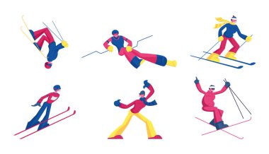 Set of Sportsmen Freestyle Skiing Jump. Winter Sport Activity Combine Skiing and Acrobatics Stunts. Aerialist Skiers Making Somersault Extreme Tricks over Springboard Cartoon Flat Vector Illustration