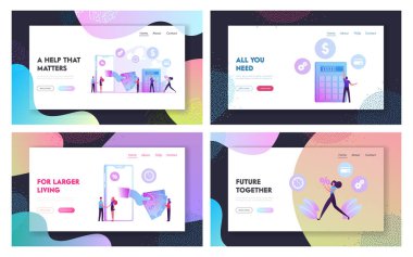 Financial Problems, Budget Crisis, Micro Credit Service Website Landing Page Set. Characters with Calculator Take Cash Money in Finance Organization Web Page Banner. Cartoon Flat Vector Illustration
