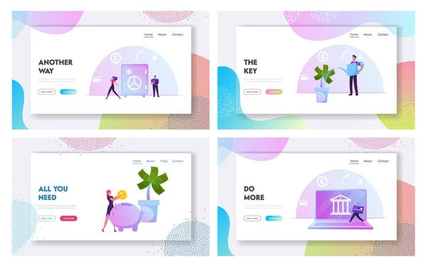 Finctech, Tecnologías financieras, Wireless Online Money Transaction Sitio web Landing Page Set. La gente aumenta capital, inversión del fondo, banner de la página web del árbol del dinero. Dibujos animados plana Vector Ilustración — Archivo Imágenes Vectoriales