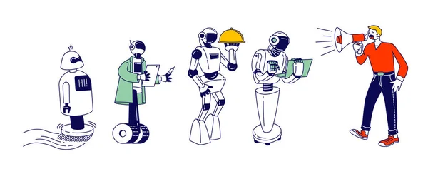 Robots, inteligencia artificial en la vida humana. Man with Megaphone Manage Cyborgs (en inglés). Chatbot Ayuda a las Personas, Ai Faq Servicio, Camarero de Limpieza, Asistente de Negocios Dibujos Animados Flat Vector Illustration Line Art — Vector de stock