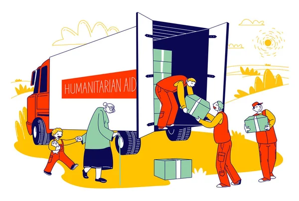 Team von Freiwilligen in der humanitären Hilfe Van geben Hilfe-Boxen für Flüchtlinge, Regierungshilfe-Konzept. Ältere Frau mit kleinem Jungen brauchen materielle Hilfe, Cartoon Flat Vector Illustration, Linienkunst — Stockvektor