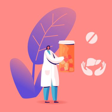 Tıbbi Cüppeli Kadın Doktor İlaç Şişesi Tabletinin Simgeleri ve Ciğer Yakınlarda. Klinikte veya Hastanede Hepatit Tedavisi, Sağlık Hizmetleri, Tıp çizgi filmi Düz Vektör İllüzyonu