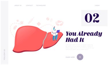 Siroz, Dünya Hepatit Günü, Pankreas Sitesi İniş Sayfası. Minik Doktor Otur ve Dev Sağlıklı Karaciğer Laptop, Tedavi ve Sağlık Web sitesi Afişi üzerinde çalış. Çizgi film Düz Vektör İllüstrasyonu