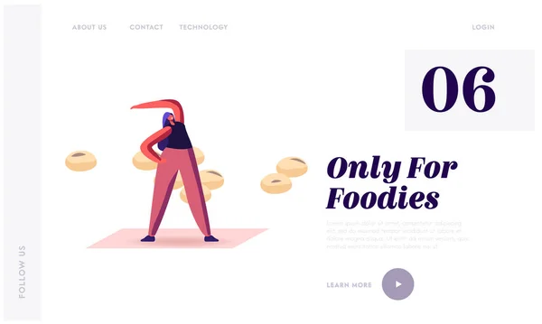 Sehat Lifestyle, Vegetarian Nutrition Products, Soybean Food Website Landing Page. Wanita Bahagia Melakukan Latihan Fitness dengan Benih Kacang Soya di sekitar Panji Halaman Web. Ilustrasi Vektor Flat Kartun - Stok Vektor