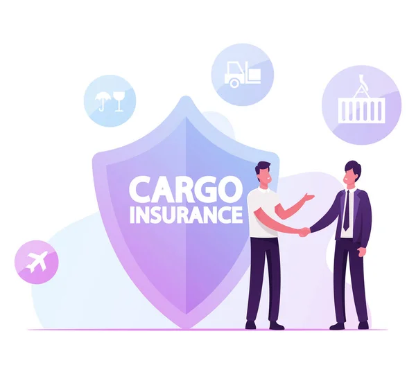Cargo Insurance Concept Biznesmeni uścisk dłoni Dokonywanie transakcji dla bezpiecznej żeglugi Freight przodu ogromny symbol tarczy. Obrona importu i eksportu logistyki biznesu, Cartoon płaski wektor ilustracji — Wektor stockowy