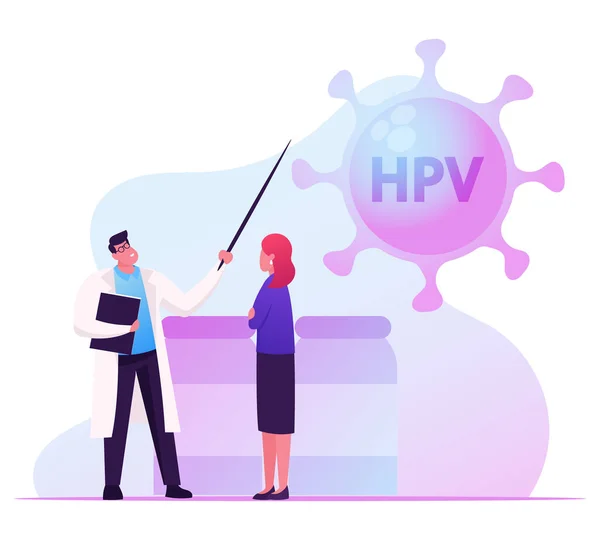 Doktor ukazující na obrovskou HPV buňku vysvětlete ženě o lidském papilomaviru, sexuálně přenosné virové infekci. Léčba nemocí, prevence a vývoj Cartoon Flat Vector Illustration — Stockový vektor