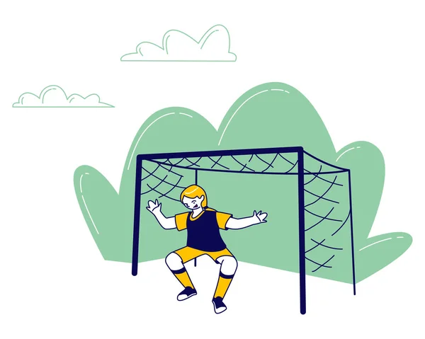 女の子のゴールキーパーは、サッカーの競争ゲームでボールをキャッチする準備をします。サッカー選手防衛攻撃ゲート取得ボール。子供サッカー選手がスポーツ漫画フラットベクトルイラストラインアートを従事 — ストックベクタ