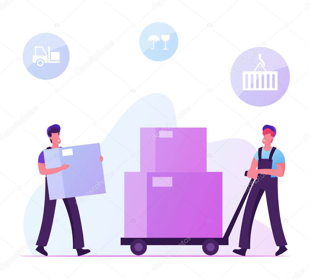 Worker in Uniform Driving Hand Truck with Stack of Carton Boxes. Cargo Transportation Insurance, Storage and Logistic Concept. Export Import Merchandise, Loader Work Cartoon Flat Vector Illustration