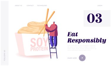 Soya Gıda Sitesi İniş Sayfası. Man Hold Wooden Chopsticks Takeaway Wok Box 'daki Merdiven üzerinde Soya Protein Eti ile duruyor. Sağlıklı Vejetaryen Restoranı Web Sayfası Afişi. Çizgi film Düz Vektör İllüstrasyonu