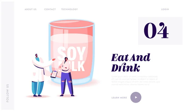 Soya Products Alternative Beverage Website Landing Page. Doctor Advice Woman Drink Soy Milk. Healthy Nutrition, Vegetable Protein, Fortified Product Web Page Banner. Cartoon Flat Vector Illustration — Stock Vector