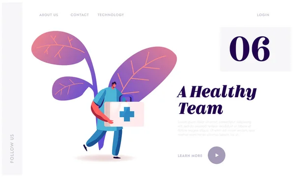 Clinic, Hospital Staff at Work, Medicine Website Landing Page. 의사 또는 간호사: 의료 도구 상자와 크로스 런 (Cross Run) 환자 웹 페이지 배너 도움 말. Cartoon Flat Vector Illustration — 스톡 벡터