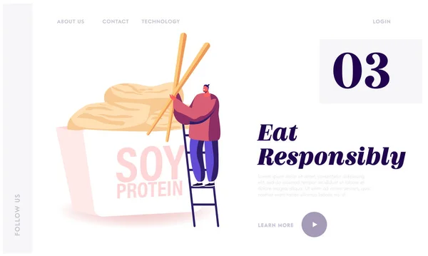 Сайт "Soya Food" Landing Page Man Hold Wooden Chopstick Stand on Ladder на Takeaway Wok Box з Soy Protein Meat. Healthy Vegetarian Restaurant Web Page Banner Cartoon Flat Vector Illustration — стоковий вектор