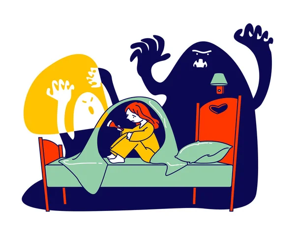 Nightmare Terrified Phobia. Klein bang meisje met zaklamp zitten op bed onder deken verbergen voor angstaanjagende geest, angstig kind en imaginaire monsters cartoon platte vector illustratie, lijn kunst — Stockvector