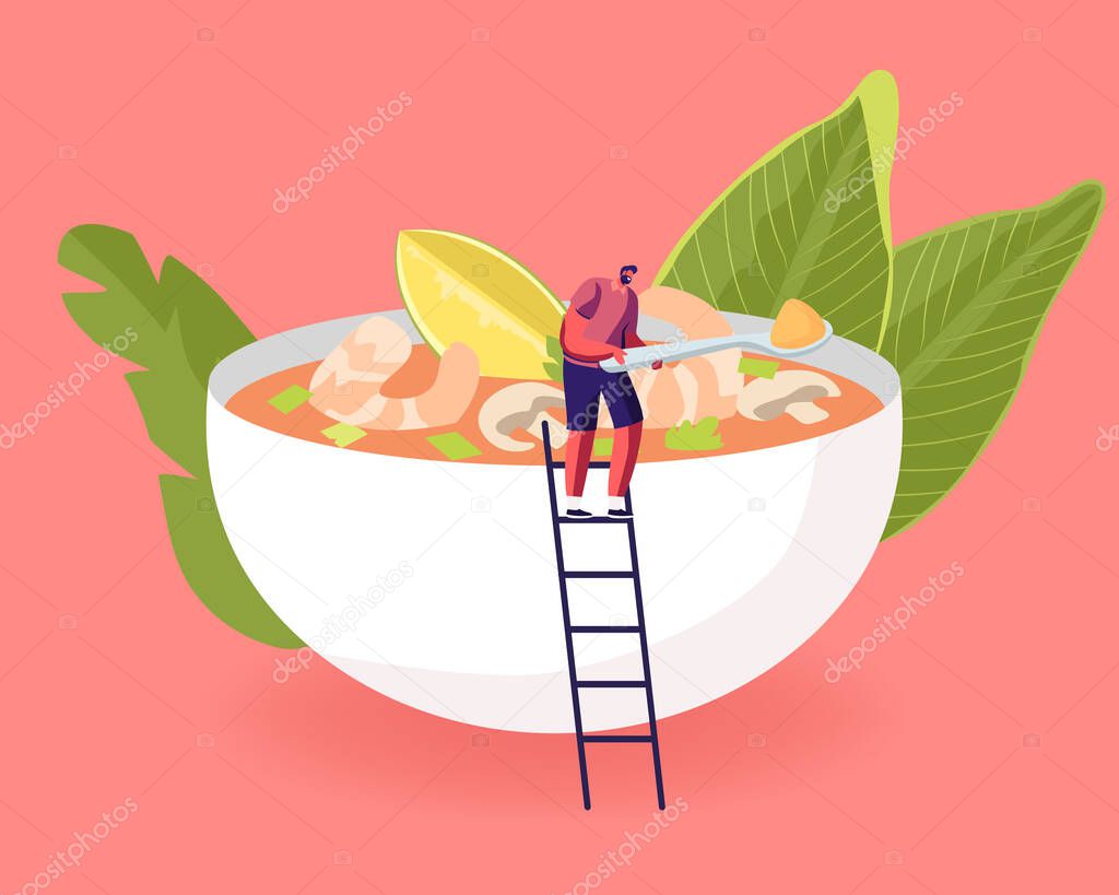 Tiny Male Character Stand on Ladder at Huge Bowl with Traditional Thailand Dish Tom Yam Kung, Sour Soup with Shrimps and Lime. Thai Food, National Meal, Seafood Menu Cartoon Flat Vector Illustration