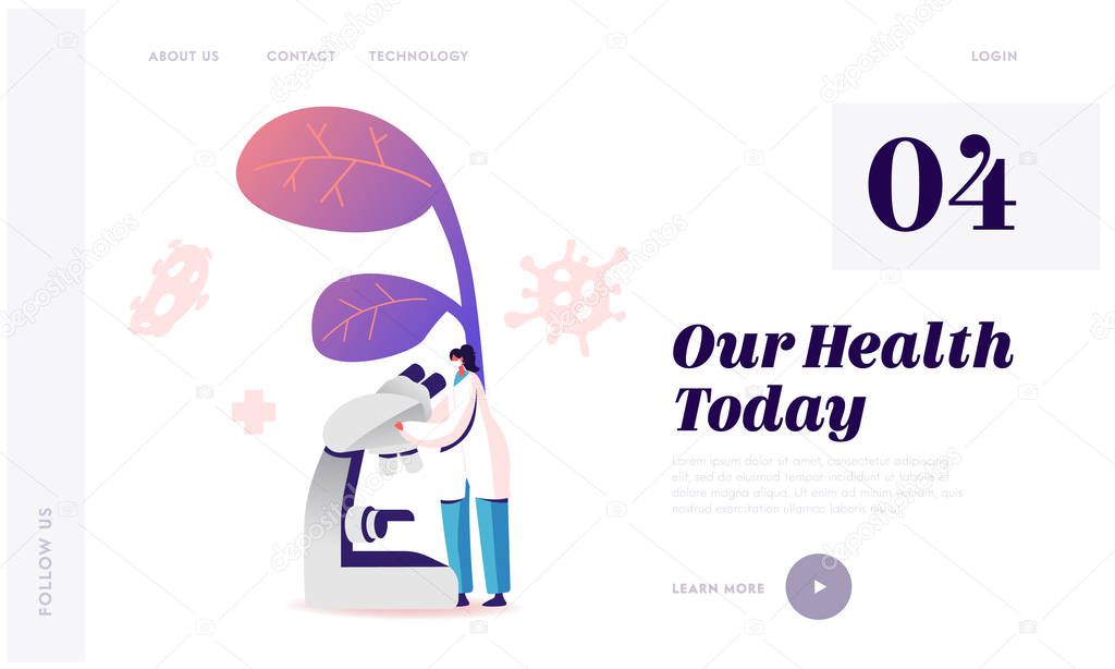 Hepatitis Disease, Medical Research Liver Sickness Website Landing Page. Doctor Look in Electronic Microscope with Bacteria and Microbes Flying Web Page Banner. Cartoon Flat Vector Illustration