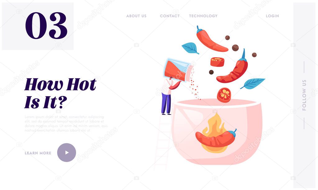 Hot Spicy Food Website Landing Page. Tiny Man Stand on Ladder Cooking Delicious Meal with Red Chili Pepper and Peppercorns Ingredients, Spicy Dish Web Page Banner. Cartoon Flat Vector Illustration