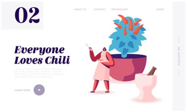 Baharatlı Yemekler ve Baharat Sitesi İniş Sayfası. Kadın tabakta acı biber sosu ve devasa biberli saksı ağacı ve öğütücü web sayfası afişi için havan topu taşıyor. Çizgi film Düz Vektör İllüstrasyonu