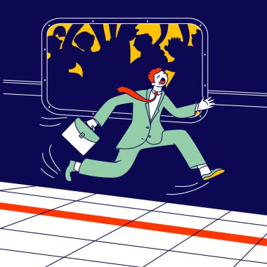 Metro Treni Platformu boyunca koşan el çantalı bir işadamı Metro Van 'da oturmak için acele et. Metroda Geç Kalan Çalışanlar, Büyük Şehir Çizgi Filminde Eve Dönüş ya da İşe Giden Yol Düz Vektör İllüzyonu, Çizgi Sanat Sanatı