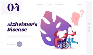 Alzheimer Hastalığı Sitesi İniş Sayfası. Son sınıf öğrencisiyle tekerlekli sandalyeyi iten tıp hemşiresi hafıza, istihbarat ve nöroloji sorunları olan internet sitesi afişi. Çizgi film Düz Vektör İllüstrasyonu