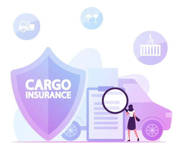 Vrouw met Enorme Vergrootglas Leescontract voor Cargo Insurance Service in de buurt van Shield Symbool en Shipping Truck. Goederenleveringsgarantie, Bescherming van goederen Cartoon Flat Vector Illustratie — Stockvector