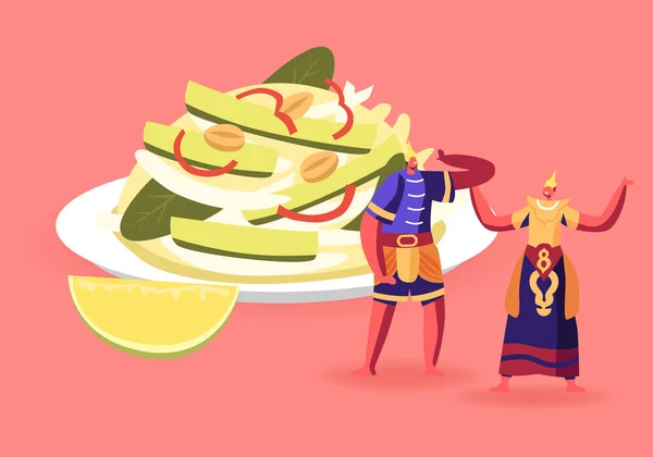 Mann und Frau in traditionellen thailändischen Trachten stehen neben einem riesigen Teller mit traditionellem asiatischem Gemüsesalat mit Gurken und Limetten. Restaurant Mahlzeit, Nationales Menü Cartoon Flat Vector Illustration — Stockvektor