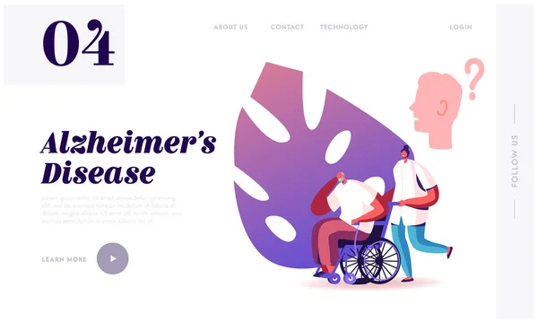 Сайт посадкової сторінки хвороби Альцгеймера. Медична медсестра штовхає інвалідний візок зі старшим чоловіком, який має пам'ять, інтелект та неврологію проблеми зі здоров'ям веб-сторінка Прапор. Мультфільм плоский Векторні ілюстрації — стоковий вектор