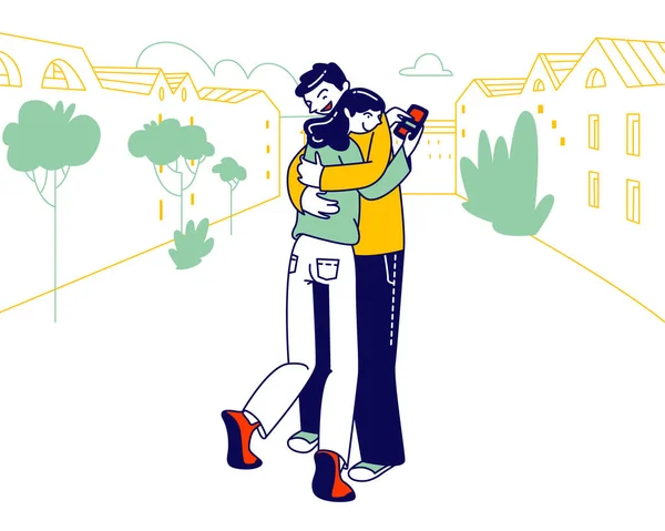 Bedriegen, Verraad en Perfidy Concept. Perfide vrouw knuffelende vriendje en chatten met een andere man door Smartphone. Liefde driehoek, Minnaar echtgenoot bedriegen cartoon platte vector illustratie, lijn kunst — Stockvector