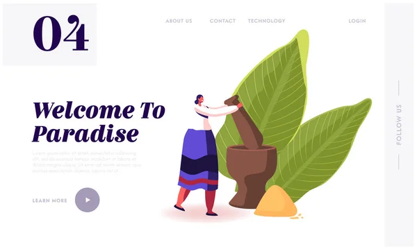 Thailand Cuisine, National Food Website Landing Page. Kvinna i traditionell thailändsk klänning Malning Säsong i murbruk för sås eller matlagning kryddig mat webbsida Banner. Tecknad platta vektor Illustration — Stock vektor