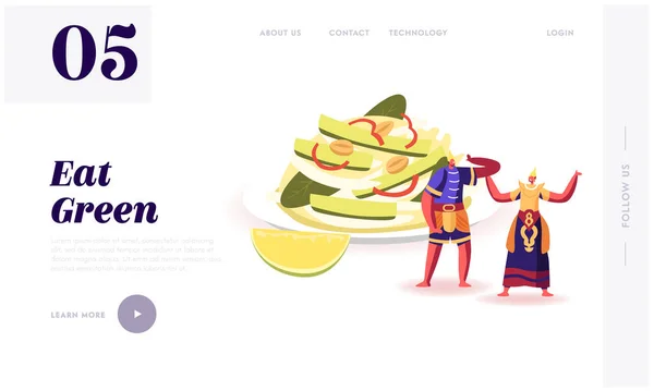 Restaurant Thaï Repas, Menu National Site Landing Page. Les gens en Thaïlande traditionnelle costumes stand à plat avec salade de légumes asiatiques traditionnelle Page Web Bannière Bande dessinée Vecteur plat Illustration — Image vectorielle