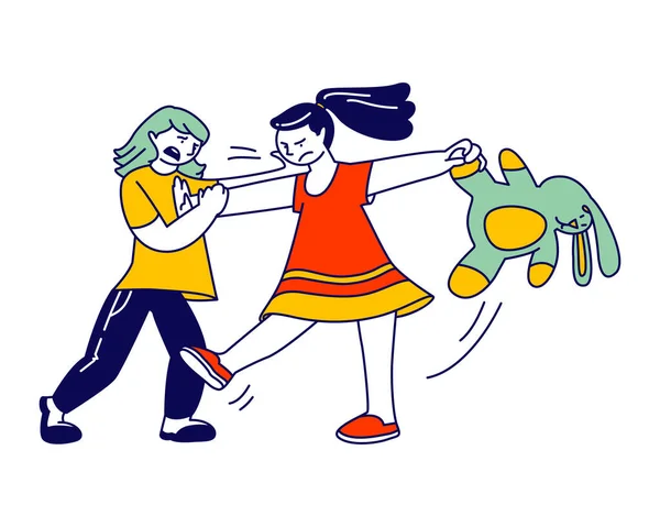 Little Girls Fighting and Quarreling at Playing Room. Classmates, Siblings or Friends Shouting and Hitting Each Other, Conflict Situation, Hyperactive Child, Cartoon Flat Vector Illustration, Line Art Stock Illustration