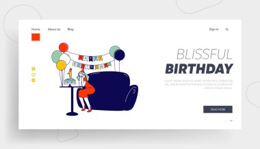 İlk Bebek Doğum Günü Kutlama Partisi Web Sitesi İniş Sayfası. Kutlama Pastalı Masada Oturan Kadın ve Dekoratif Oda Web Sayfası Afişi Bir Numara. Çizgi film Düz Vektör İllüstrasyonu, Satır Sanatı