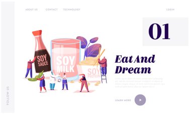Soya Ürünleri Web Sitesi İniş Sayfası. Soya fasulyelerinin organik doğal gıdası. Legume Pods 'dan sos, et ve süt, sağlıklı vejetaryen atıştırmalıkları ve yemek web sayfası afişi. Çizgi film Düz Vektör İllüstrasyonu