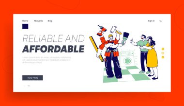 Tuvalet Sitesi İniş Sayfasında Tamirci Muslukçu Çamaşır Makinesi. Çift, iş servisinden memnun. Kırık Teknoloji Web Sayfası Afişi ile Usta Yardım. Çizgi film Düz Vektör İllüstrasyonu, Satır Sanatı