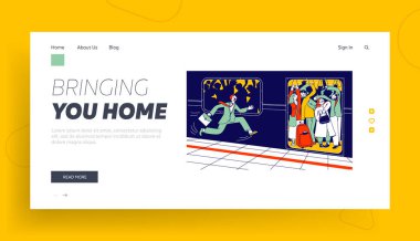Rushtime Şehri Seyahat Sorunu Web Sitesi İniş Sayfası. Metro Platformu 'ndan Kalabalık Tren' e koşan adam. Van Web Sayfası Afişi 'nde insanlar birbirini itiyor. Çizgi film Düz Vektör Çizgi Sanatı