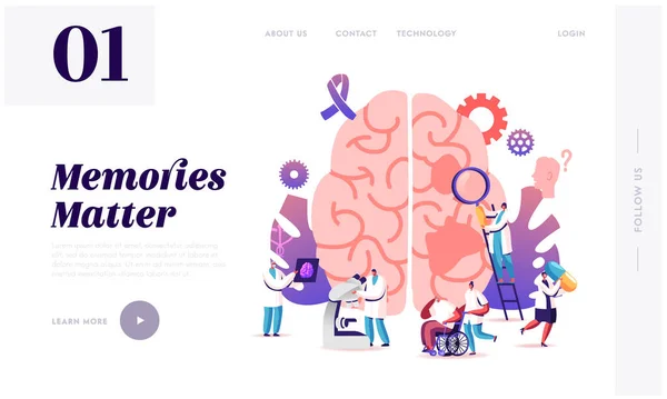 Sito web della malattia di Alzheimer Pagina iniziale. Medici minuscoli che vanno in giro di enorme cervello malato umano, anziani demenza e perdita di memoria mentale Problema Web Page Banner. Illustrazione del vettore piatto del fumetto — Vettoriale Stock