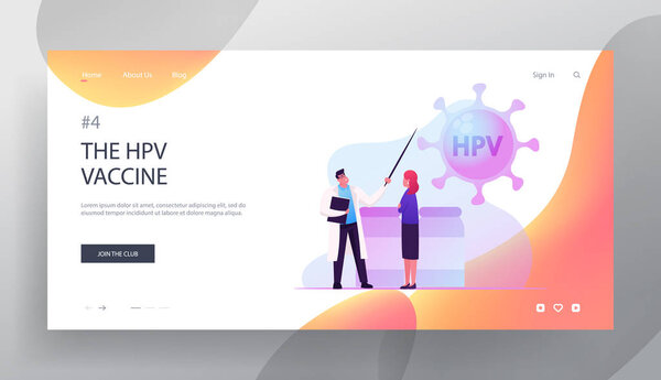 Human Papillomavirus Disease Treatment, Prevention and Development Website Landing Page. Doctor Pointing on Huge Hpv Cell Explain to Woman about Virus Web Page Banner Cartoon Flat Vector Illustration