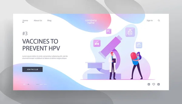 Hpv, Human Papillomavirus Infection Mediation and Landing Page. Женщина с огромной таблеткой в руках разговаривает с мужчиной-доктором возле микроскопа в Лаборатории Web Page Banner. Мультипликационный вектор — стоковый вектор