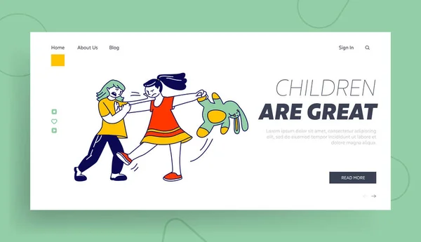 Little Girls Fighting and Quarreling at Playing Room Website Landing Page. Classmates, Siblings or Friends Shouting and Hitting Each Other Web Page Banner. Cartoon Flat Vector Illustration, Line Art Vector Graphics