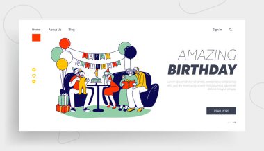 İlk Bebek Doğum Günü Web Sitesi İniş Sayfasını Mutlu Aile Kutlamaları. Ebeveynler, büyük ebeveynler ve küçük çocuk Yıldönümü Web Sayfası Afişi 'nde oturuyor. Çizgi film Düz Vektör İllüstrasyonu, Satır Sanatı
